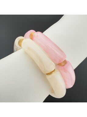 Set Of 2 Lucite Marbled Tube Stretch Bracelets Pink Cream Gold Tone Accents